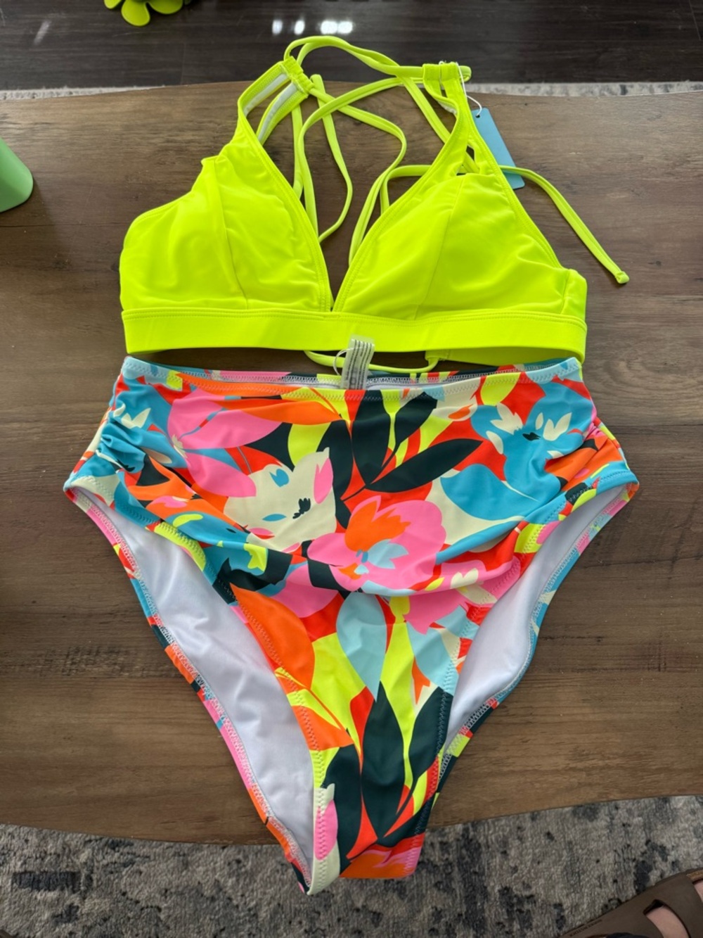 Neon Yellow Strappy Bikini Top with High-Waist Floral Bottom